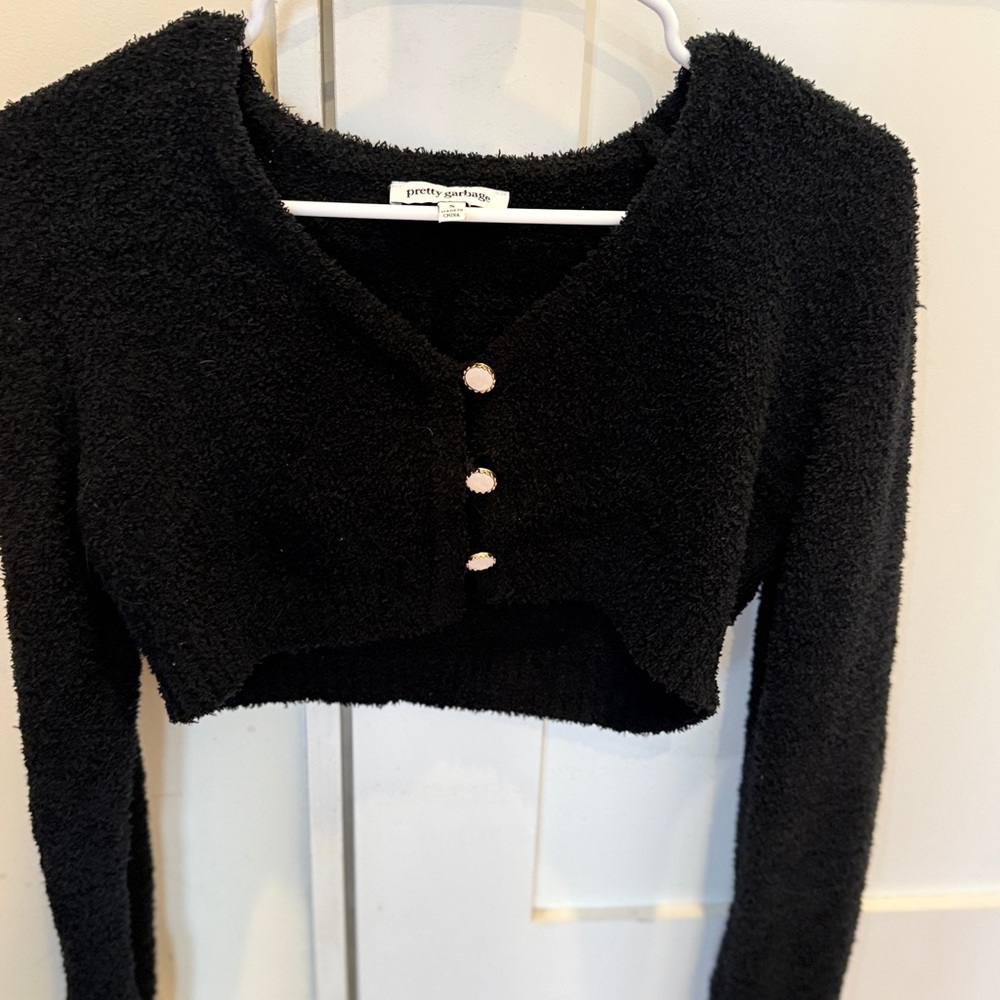 Black Cropped Cardigan with Gem Buttons